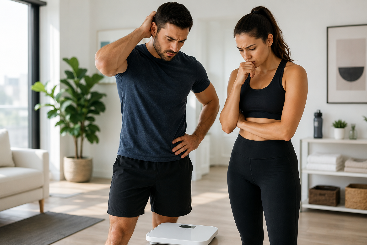 Couple looking at scale, frustrated with weight loss progress