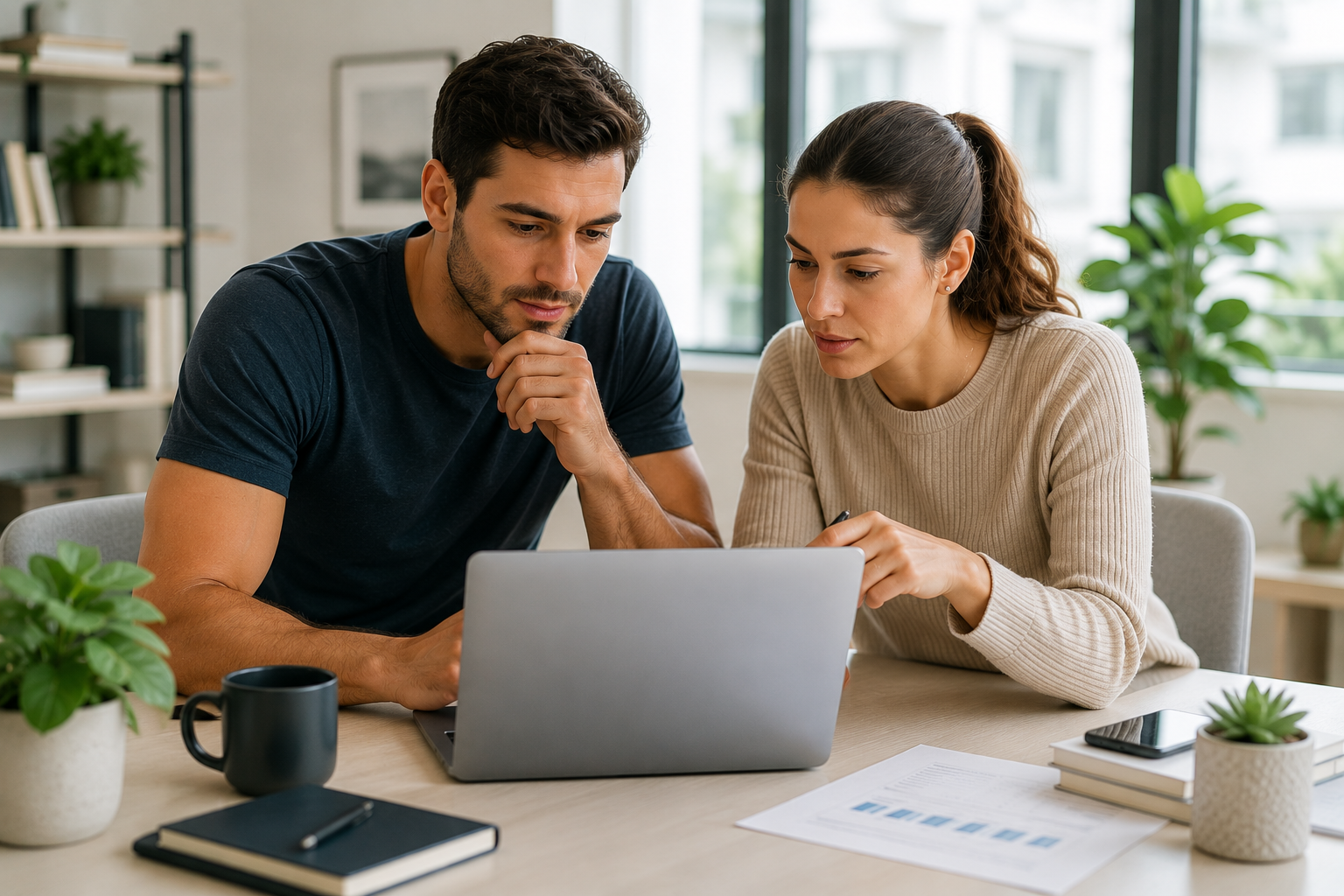 Couple researching together on a laptop
