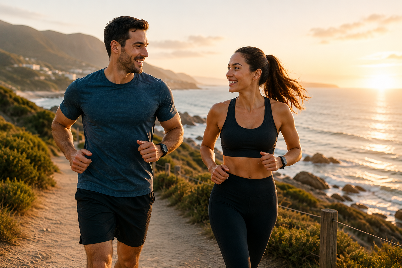 Couple jogging together along a coastal trail at sunset